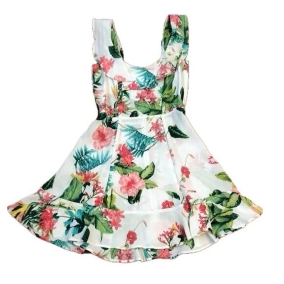 REFORMATION MINI DRESS PERLA RUFFLE SCOOP NECK TROPICAL FLORAL Sz 4 COCONUTGIRL - Picture 2 of 16